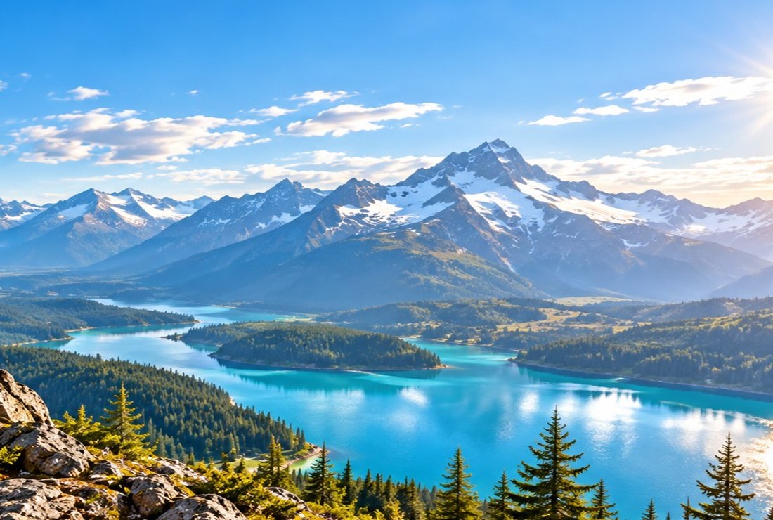 Summer alpine peaks and turquoise blue lake